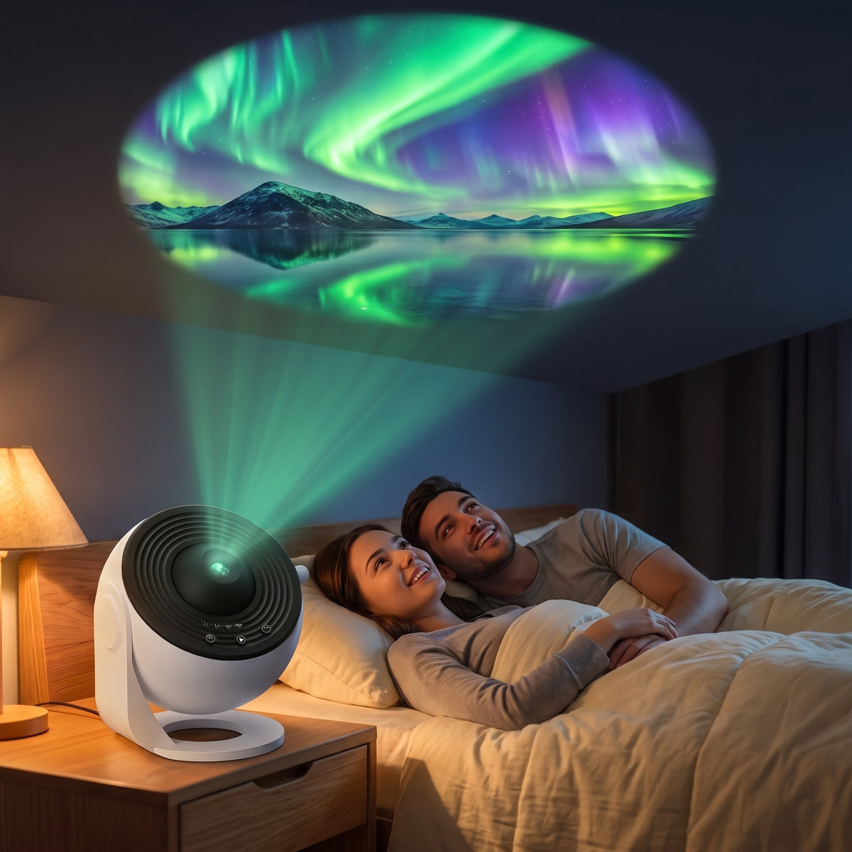 Lunora projector projecting the aurora borealis disc onto the bedroom ceiling