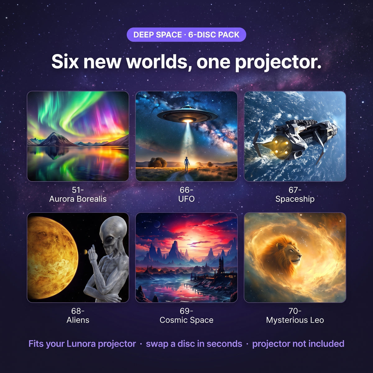 The 6 discs: aurora borealis, UFO, spaceship, aliens, cosmic space and Leo