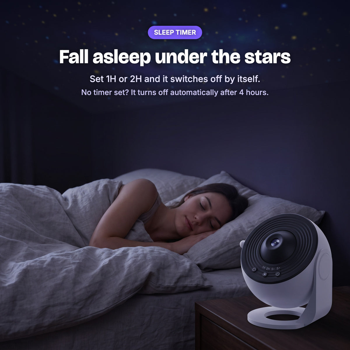 Sleep timer: the Lunora projector switches off after 1H or 2H