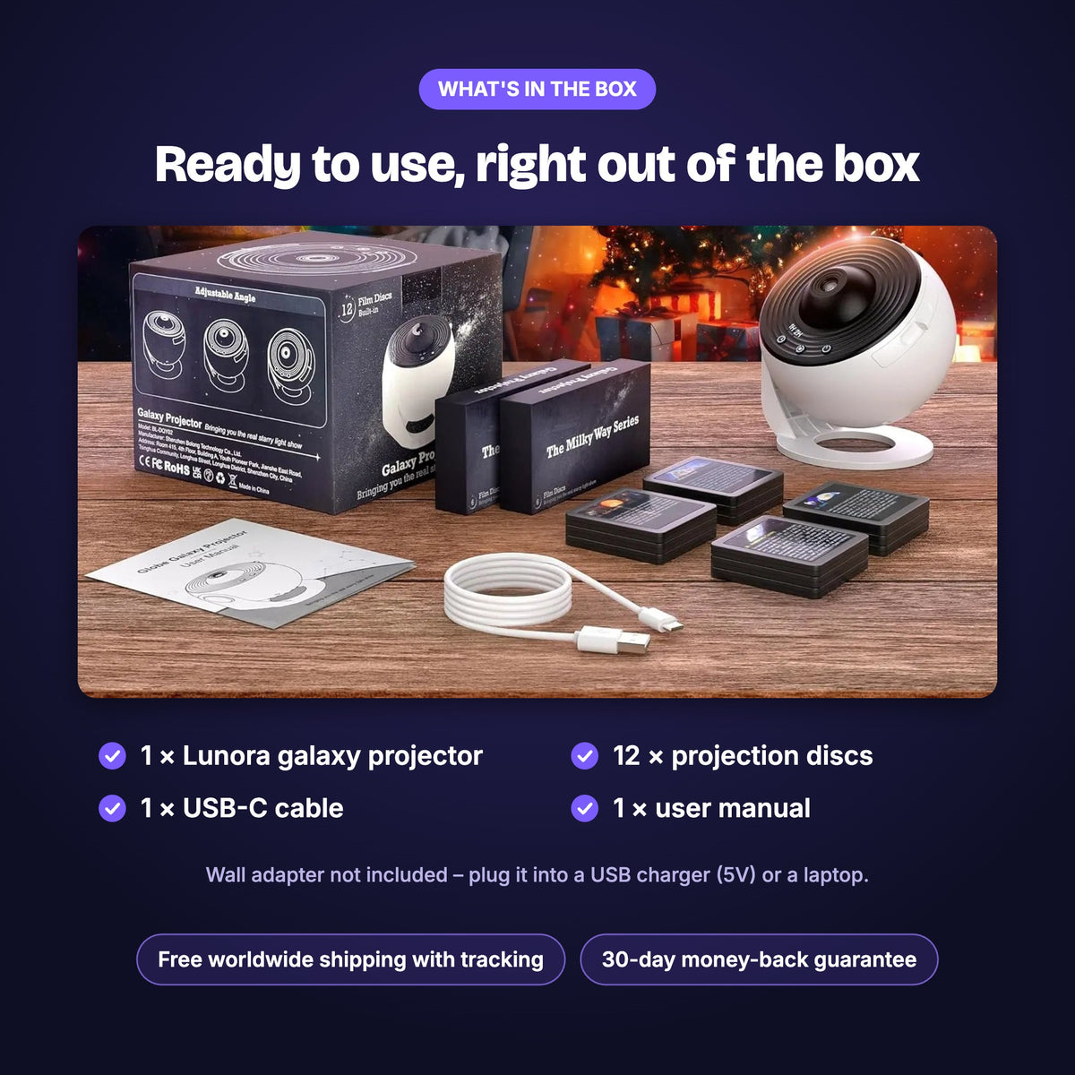 What's in the box: projector, 12 projection discs, USB-C cable and user manual