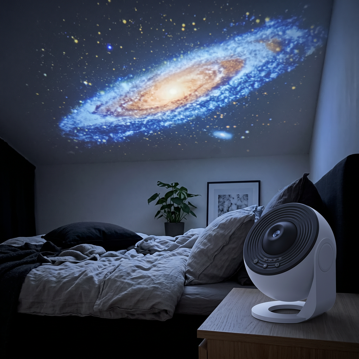 Lunora galaxy projector on a nightstand projecting a galaxy on the bedroom ceiling