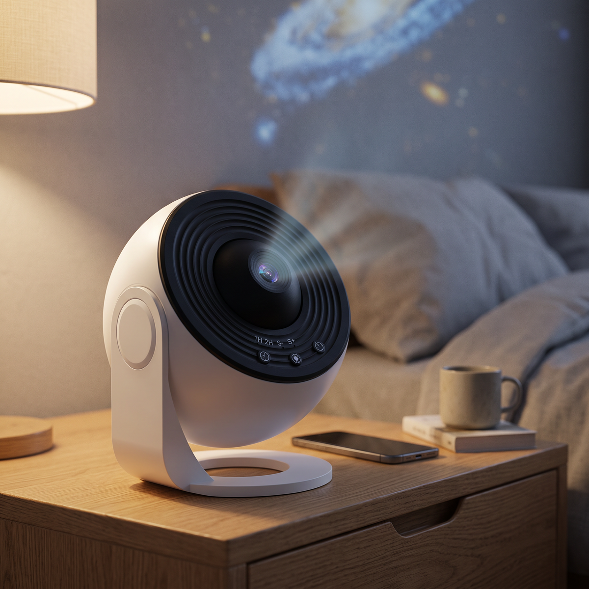 Lunora galaxy projector on a bedside table next to a phone and a mug